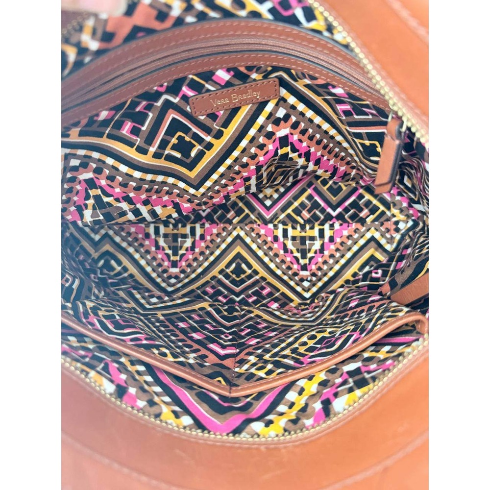 Vera Bradley Brown Leather Tote Bag Crossbody Strap Geometric Lining - Picture 7 of 10